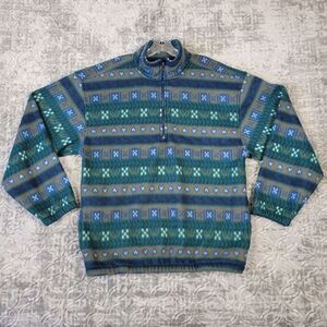 Vintage BIKE Sweater Mens Medium Blue Green Fleece Geometric Pattern Synchilla